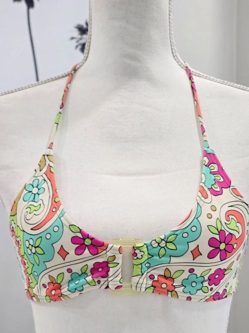 Mudd ✦ Floral Bikini Top ✦ Halter Neck Tie‑Back Colorful Stretch Floral Retro S